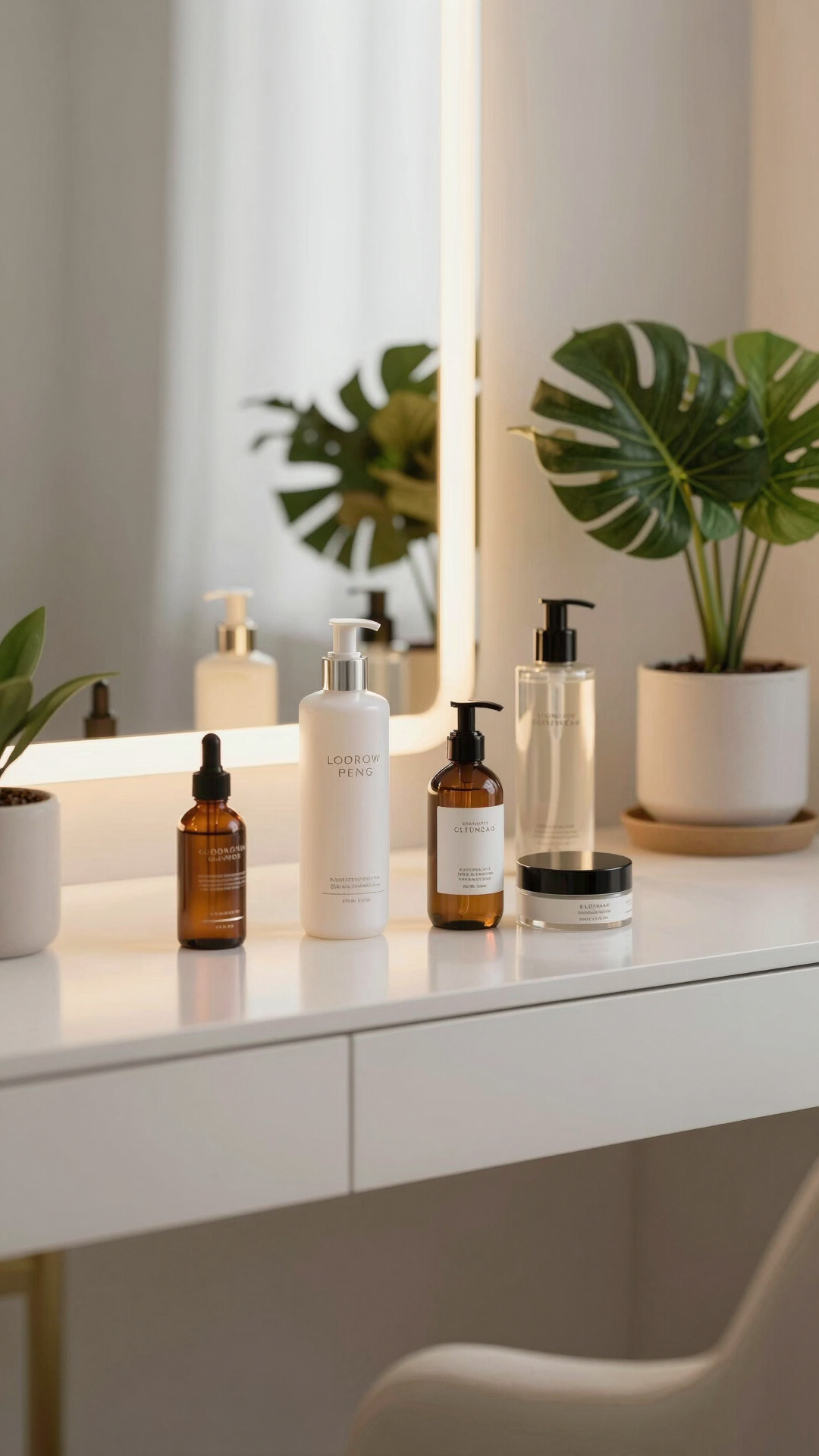 A sunlit white vanity with skincare bottles, a pump dispenser and a monstera plant reflected in a lit mirror