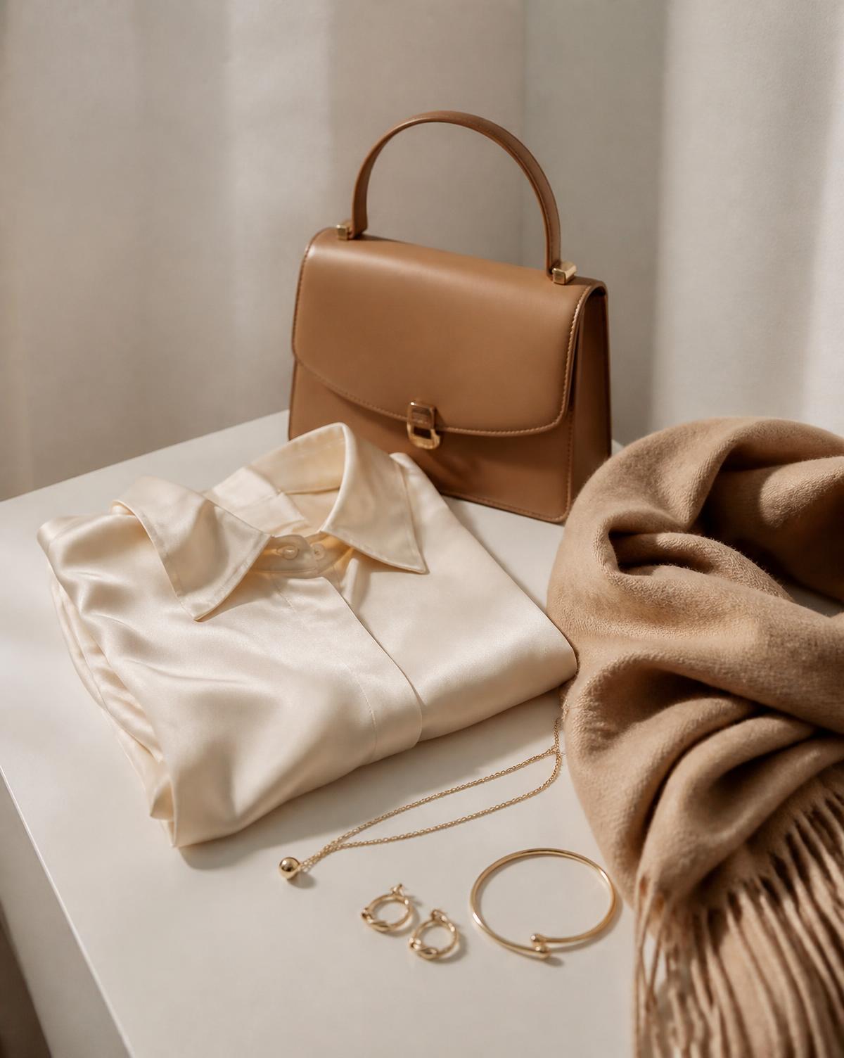 A folded cream silk blouse, camel scarf, tan handbag and gold jewellery