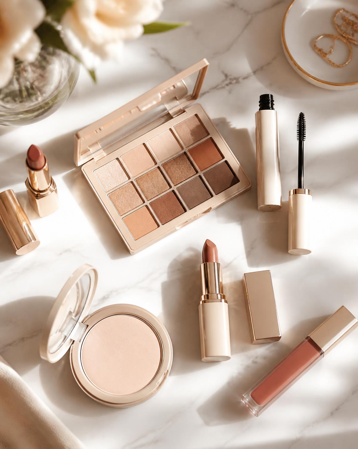 Neutral-toned lipsticks, an eyeshadow palette and powder compact on white marble