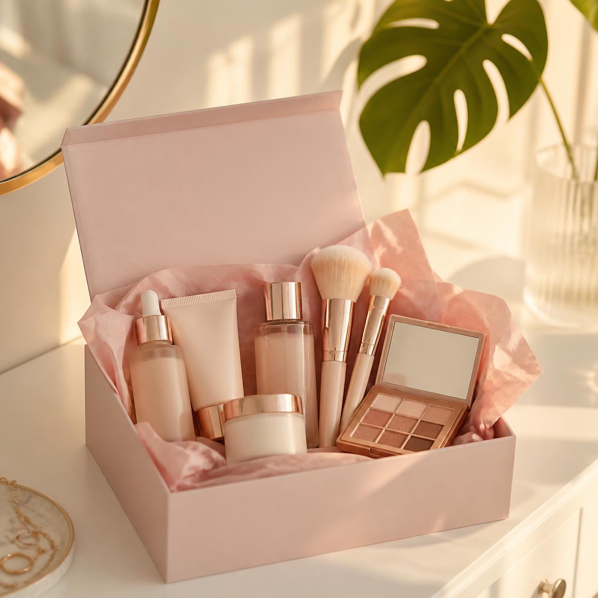 An open blush gift box holding skincare bottles, brushes and a palette